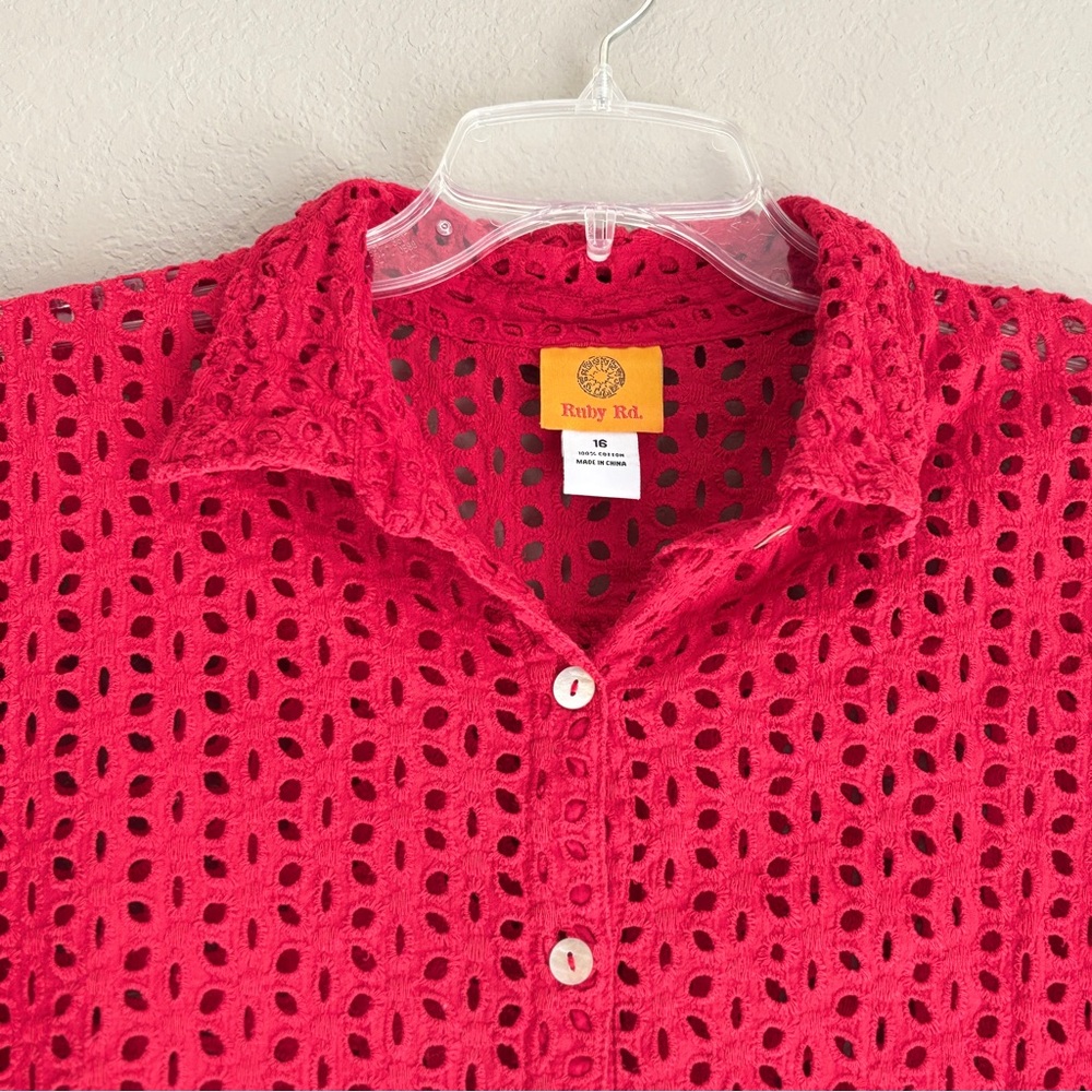 Ruby Rd. Red Eyelet Button Front Short Sleeves Co… - image 2